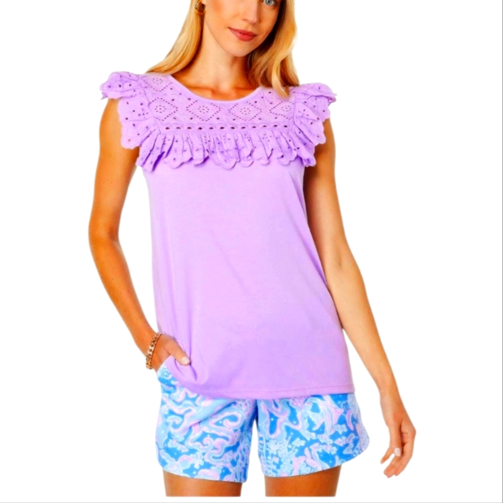 Lilly Pulitzer Purple Top with Blue Patterned Shorts
